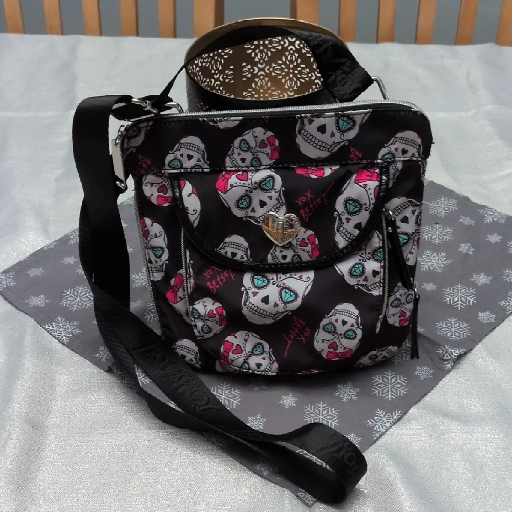 Betsey Johnson Black and Pink Sugar Skull Crossbody Bag